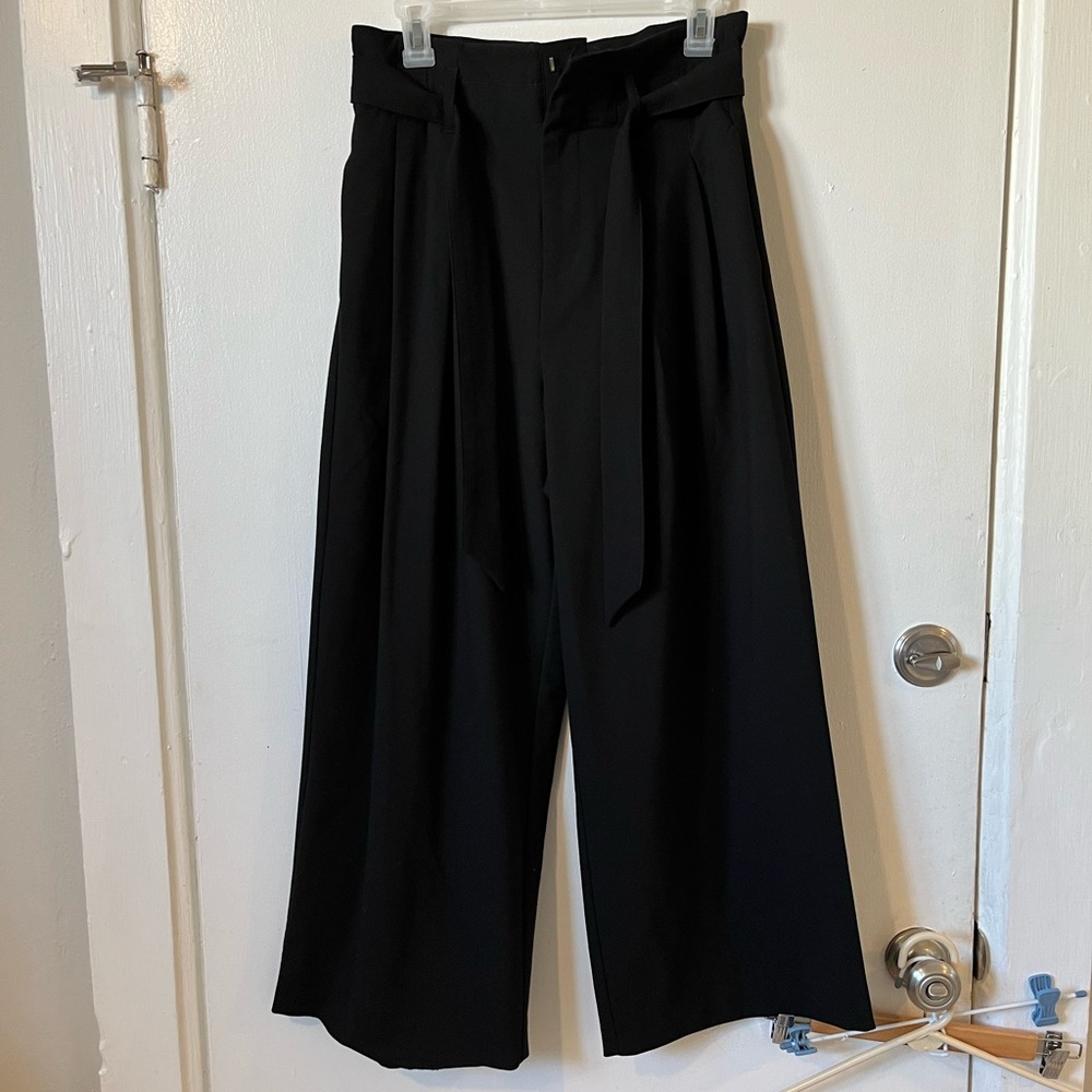 Zara pleated Black paper bag tie waste wide-leg crop pants